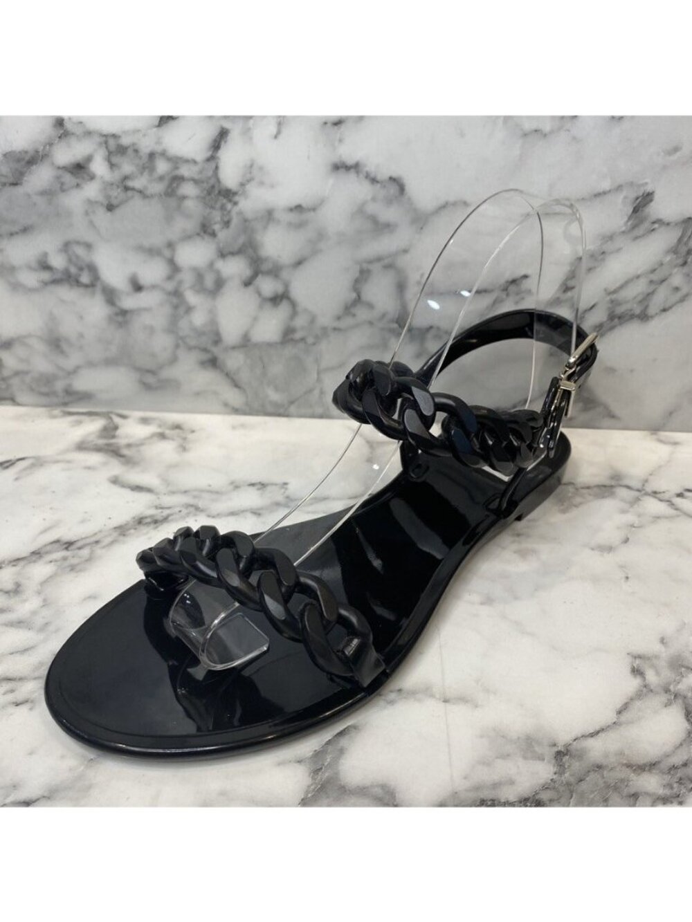GIVENCHY Glossy Black Rubber Chain Link Flat Slingback Sandals SHW - US 8